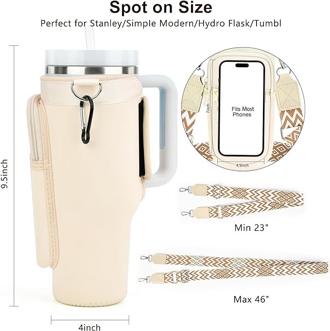 LOKASS Personalized Water Bottle Holder with Strap for Stanley Cup Accessories 40 oz Tumbler, Initial Water Bottle Carrier Bag/Phone Pocket, Mother's Day/Birthday Gifts for Women/Girls