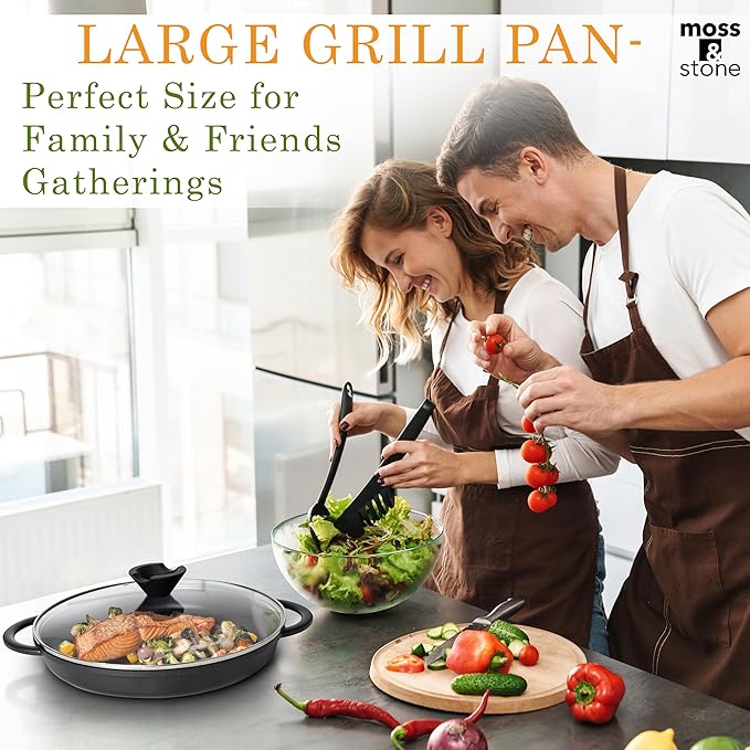 Moss & Stone 12” Nonstick Grill Pan for Indoor Cooking, Cast Aluminum Griddle Pan for Stove Top & Induction, Dishwasher & Oven Safe, Grill Pan with Lid, Silicone Handles, PFOA Free
