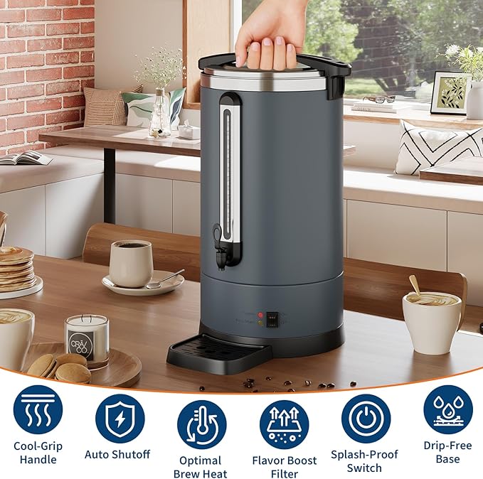 Garvee 12 L/80 Cups Coffee Urn-3.2 gal Double Wall Commerical Coffee Maker for Buffet Catering Wedding Gathering,Large Capacity Hot Coffee Dispenser,Stainless Steel Hot Water Urn-Grey
