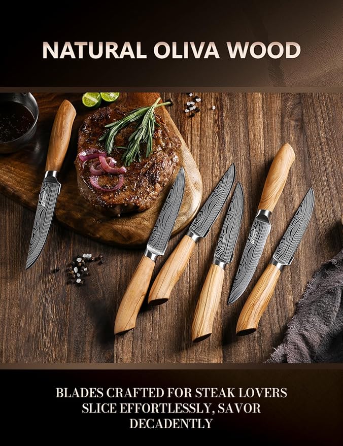 Emojoy Steak Knives Set of 6, 4.5 Inches Serrated Steak Knife Set, German Stainless Steel Kitchen Steak Knives with Original Olive Wood Handle and Wooden Gift Box