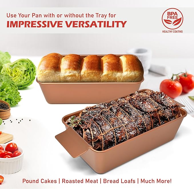 PERLLI Meat Loaf Pan with Drip Tray – 2 Pc. 9.8 x 5.7 In. Copper Nonstick Meatloaf Pan with Drain Tray – Large BPA-Free Oven Loaf Pan for Baking, Bread, Cakes, Roasting Meat, & More
