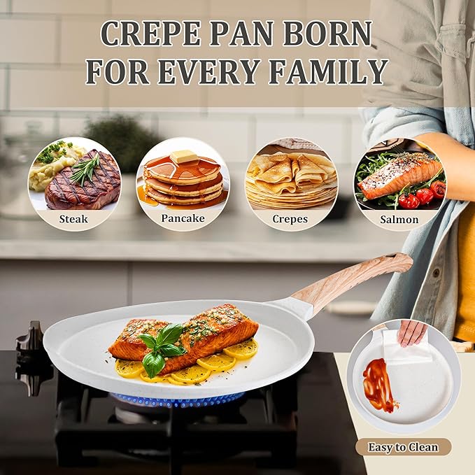 AOSION Nonstick Crepe Pan 9.5 Inch,Cermaic Crepe Pan,Dosa Tawa Pan,Ceramic Coated PFOA-Free, Ergonomic Handle, With Pancake Tools, Forged Aluminum Induction Safe