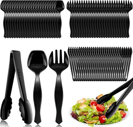 Mwellewm 72Pcs Plastic Serving Utensils Set 9'' Large Disposable Serving Spoons Forks and Tongs for Serving Food Heavy Duty Black Party Utensil Supplies for Buffet Restaurant Picnic Dinner Salad Soup