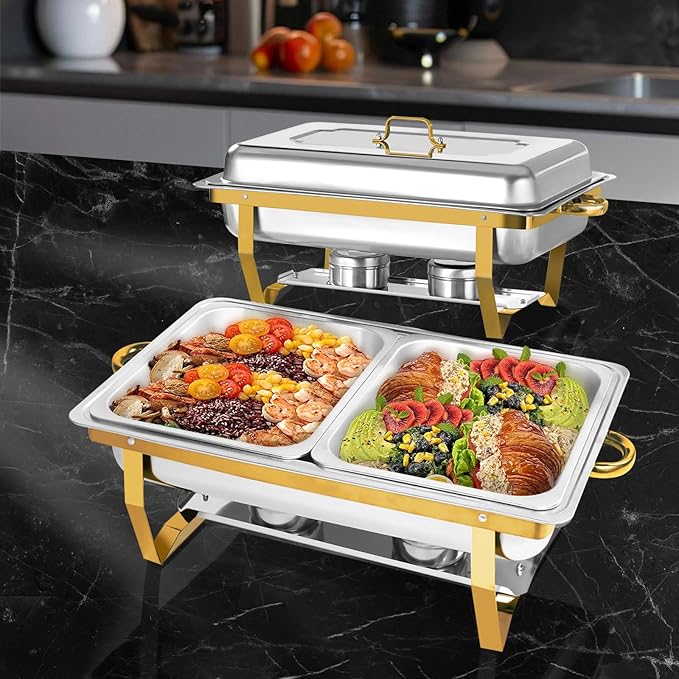 8QT Chafing Dishes for Buffet 2 Pack Golden Food Warmer with Half Size Food Pans, Chafing Dish Buffet Set with Stackable Design Less Storage Space for Party, Wedding