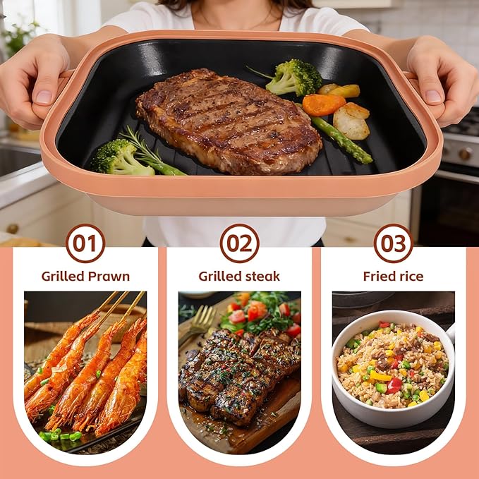 Microwave Grill Pan With Cover, Microwave Bacon Cooker, Portable Microwave Cookware For Grill Meat, Sandwich & Vegetable Dishwasher Safe (Square-Beige-Glass Lid)