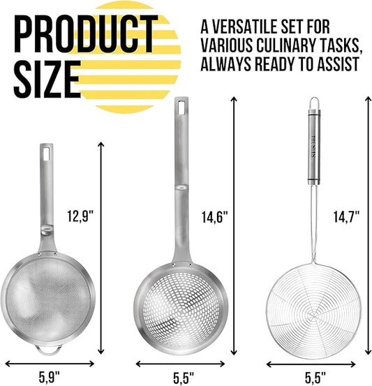 Spider Strainer Set of 3pcs - Stainless Steel Frying Spoons for Cooking Skimmer Ladle for Oil Fryer Pasta and Fat Durable Strainer Scoop Kitchen Utensil for Frying and Draining