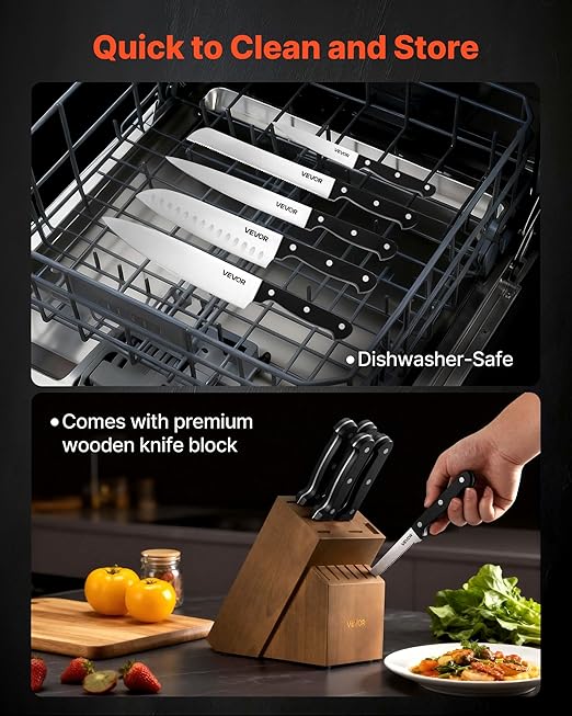 VEVOR Kitchen Knife Set with Block and Sharpener, 15 Piece German High Carbon Stainless Steel Knife Set, Kitchen Cutlery with ABS Ergonomic Handle, Sharpening Rod and Wooden Block, for Home Cooks