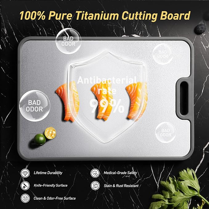 2 in 1 Pure Titanium Cutting Boards for Kitchen Non Toxic Chopping Board with Handle Large Big Small Kitchen Meat Butcher Block Not Stainless Steel Wood Bamboo Plastic Silicone Acrylic Teak Sink