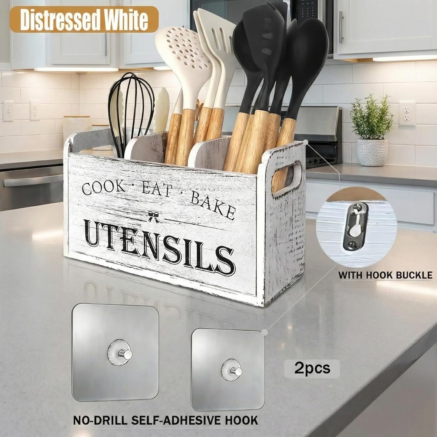 Farmhouse Kitchen Utensil Holder for Countertop, Distressed White Wooden Cooking Utensil Organizer with 3 Compartments & Handles, Rustic Extra Large Crock Space Saver for Spatulas & Spoons