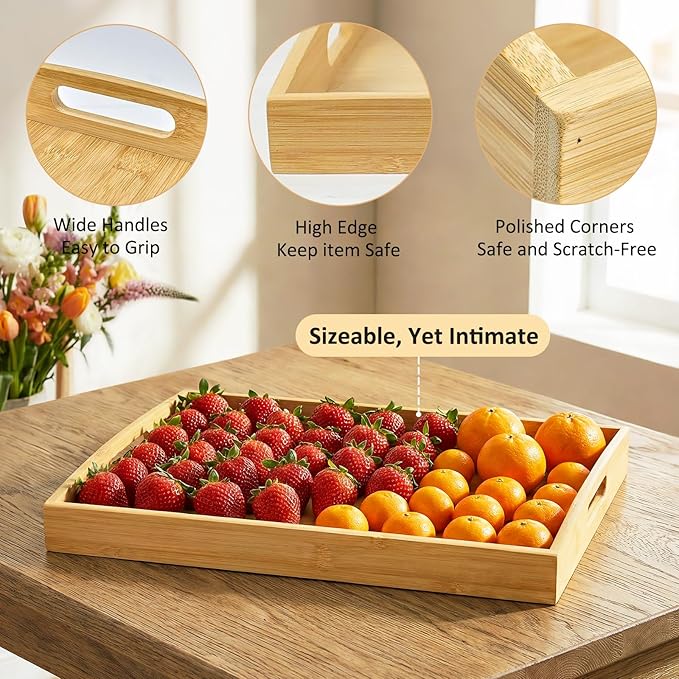 Bamboo Serving Tray with Handles, Set of 2 Large Wood ServingTrays for Food & Coffee, Elegant Wooden Tray for Breakfast in Bed, Kitchen & Party-Natrual Finish