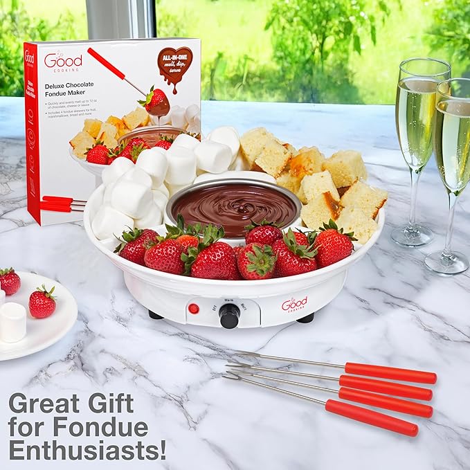 Electric Fondue Maker Deluxe Set w 4 Forks- Removable Serving Tray for Cheese & Chocolate Melting, Warming Setting- Valentines Day Candy Bar Melter, Party Must Have- Appetizers Desserts- Gift for Host