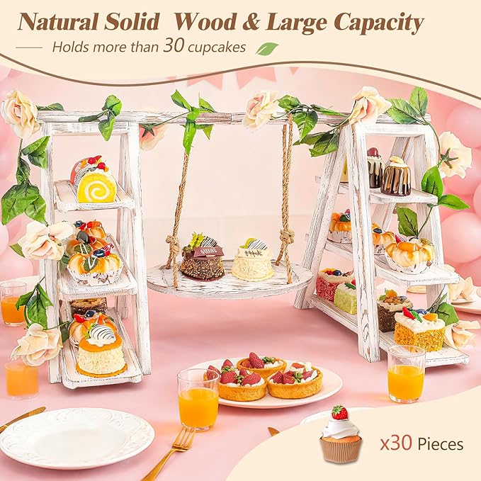 Wooden 3 Tier Cupcake Stand with Swing and Flower Decoration Serving Removable Tray Display Serving Ladder Foldable Stand with Serving Platter Tray Party Food Display Set for Cake Snack Fruit Chips Bread Centerpieces Catering