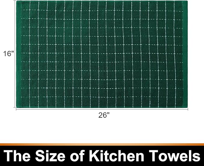 Mordimy 100% Cotton Terry Cloth Kitchen Towels, Super Soft and Absorbent Dish Towels for Drying, Checkered Designed Hand Towels for Kitchen, 16 x 26 Inches, 4 Pack, Dark Green