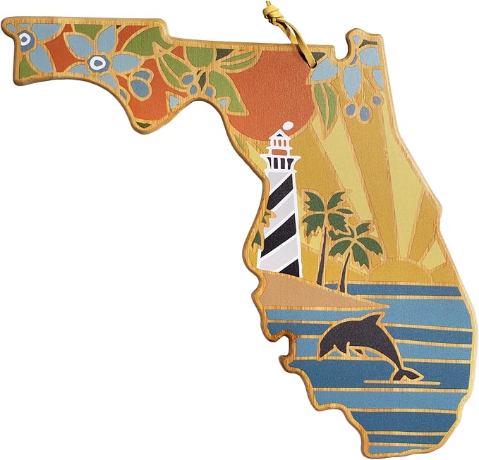 Totally Bamboo Florida State Shaped Cutting Board and Charcuterie Serving Platter with Artwork by Summer Stokes, Includes Hang Tie for Wall Display Varies