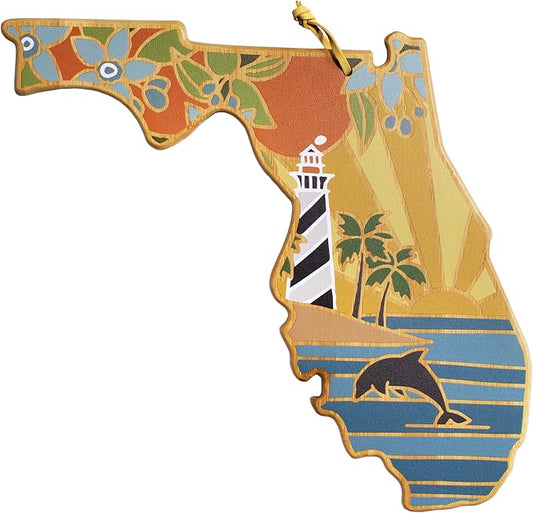 Totally Bamboo Florida State Shaped Cutting Board and Charcuterie Serving Platter with Artwork by Summer Stokes, Includes Hang Tie for Wall Display Varies