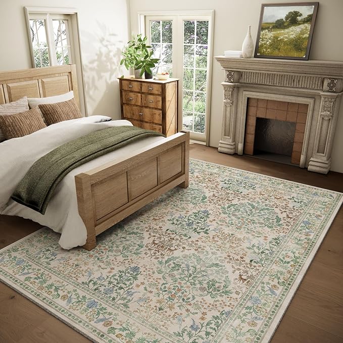 Washable Area Rugs for Living Room: 5x7 Bedroom Rug Vintage Area Rug Stain Resistant Non Slip Low Pile Lightweight Soft Carpets for Dining Room Kitchen Nursery Kids Room Playroom Home Office Indoor