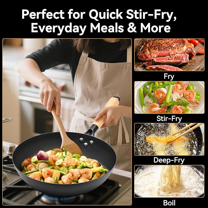 WANGYUANJI Lightweight Carbon Steel Wok with Lid, 12.6" Nitrided Stir Fry Pan - Pre-Seasoned & Rust-Resistant Iron Wok, Flat Bottom for Electric, Induction & Gas Stoves, Easy to Maneuver