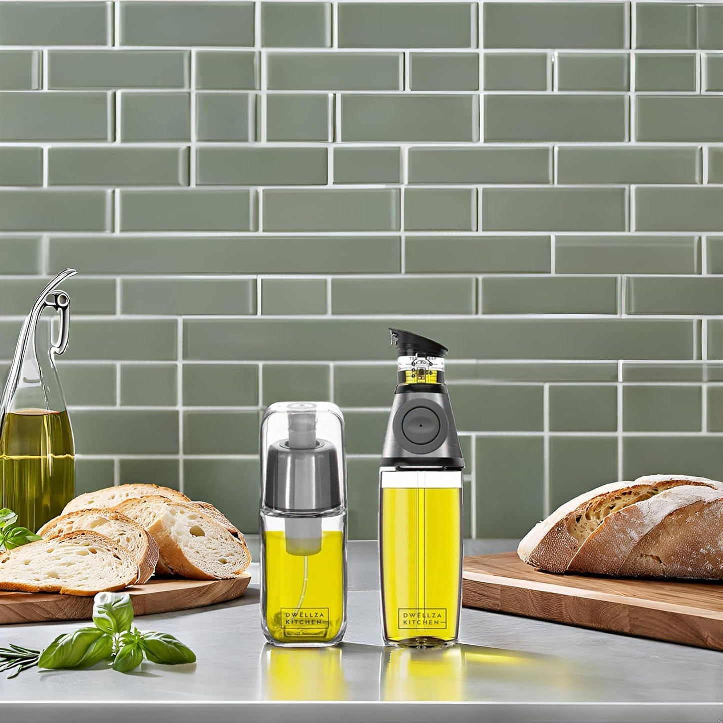 DWËLLZA KITCHEN Olive Oil Dispenser Bottle For Kitchen & Sprayer For Cooking - Glass 17 Oz. Cooking Oil/Syrup Dispenser With Measurements & 6 Oz. Spray Bottle Set