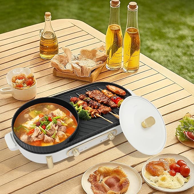 Hot Pot with Grill, 2 in 1 Indoor Non-Stick Electric Hot Pot and Frying Pan, Dual Temper Control, Fast Heating for BBQ Steaks, Portable Multifunct BBQ Grill for Outdoor Party (C-Round Pot)