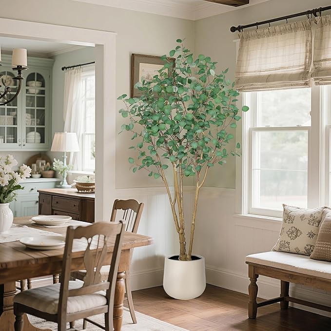 Artificial Eucalyptus Trees with White Planter, 7 FT Faux Eucalyptus Plants Indoor Tall Fake Floor Trees with Silk Leaves and Thick Trunk for Living Room Bedroom Corner Home Office Decoration
