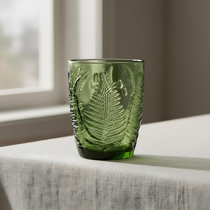 Green Drinking Glasses Set of 8, 10 oz Handcrafted Deep Textured Glass Cups, Retro Colored Drinkware for Water & Cocktails, Decorative Vintage Glassware, Everyday Use & Entertaining Artisan Gift Set