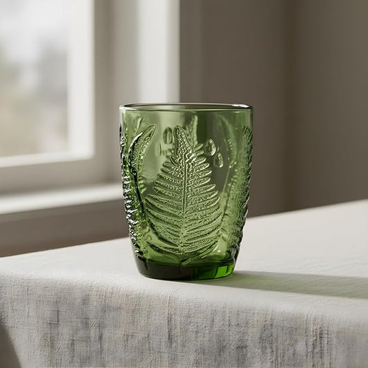 Green Drinking Glasses Set of 8, 10 oz Handcrafted Deep Textured Glass Cups, Retro Colored Drinkware for Water & Cocktails, Decorative Vintage Glassware, Everyday Use & Entertaining Artisan Gift Set