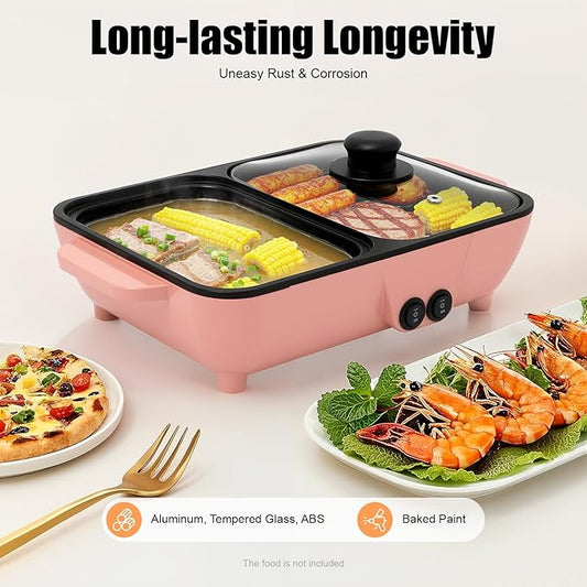 Hot Pot Electric Grill 2 in 1 Indoor Non-Stick and Griddle Korean BBQ Grill Hotpot Pot Electric Cooker Smokeless Dual Temperature Control for BBQ, Steaks, Shabu Shabu and Noodles (Pink+Black)
