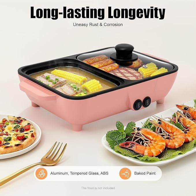 Mini Hot Pot Electric Grill, 2 in 1 Non-Stick Electric Pot Korean BBQ Grill, Indoor Smokeless Hotpot Pot Cooker, Separate Temperature Control (Pink)