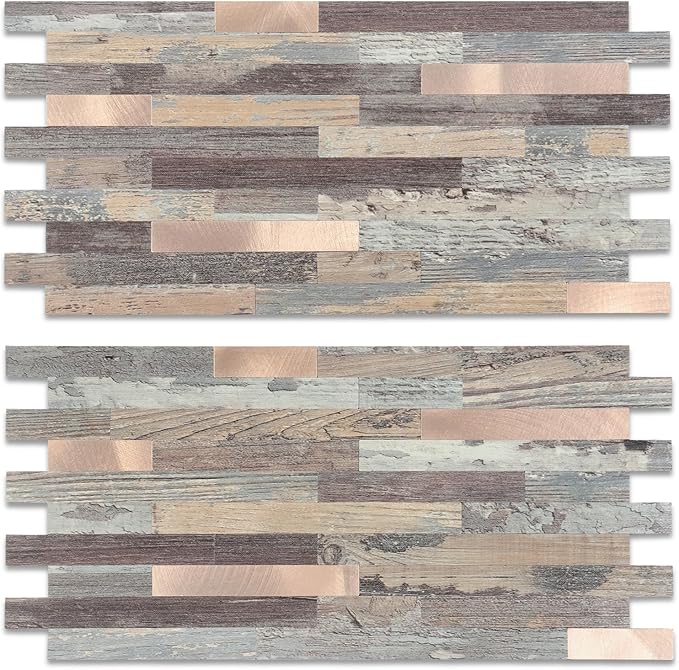 Yipscazo 20 Sheets Peel and Stick Stone Metal Backsplash Tiles, PVC Wall Tiles Stick on Backsplash for Kitchen, Bathroom (6'' X 12'', Rustic Wood)