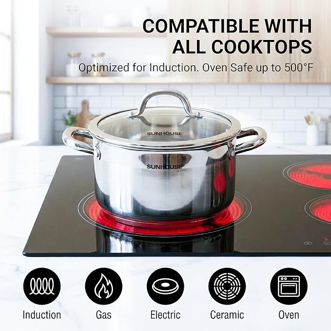 Sunhouse Professional 10-Quart Whole-Clad Multi-Ply Stainless Steel Stock Pot with Lid - Premium 18/10 Whole Body Clad Stock Pot - Induction Ready, Oven Safe Dishwasher Safe Cooking Pot