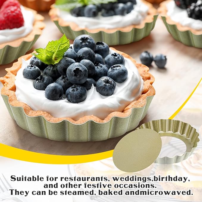 Uiifan 32 Pcs Mini Tart Pans Egg Tart Molds with Removable Bottom Round Nonstick Quiche Pan Mini Pie Pans Small Bakeware Mold Fluted Side for Mousse Cake Dessert Baking(4 Inch,Gold)