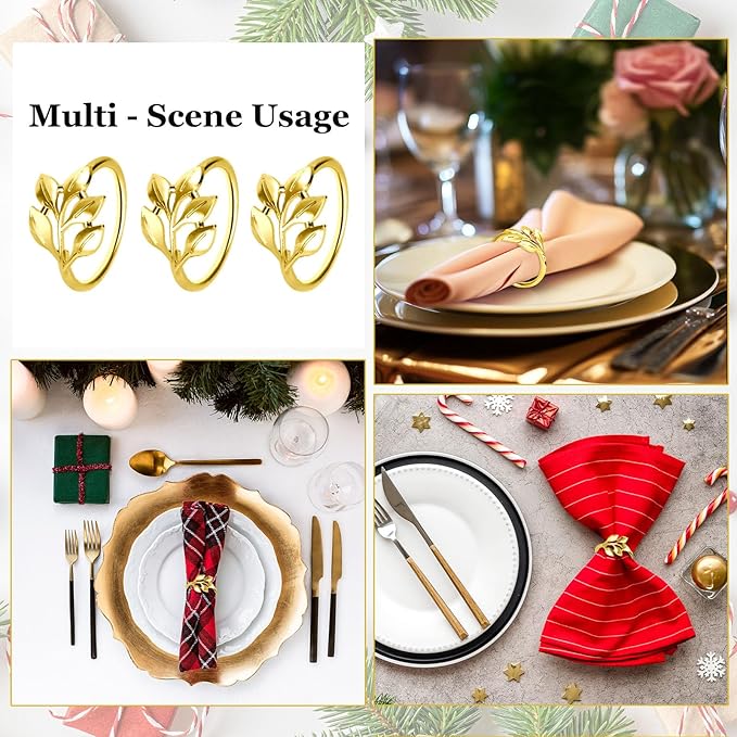 100 Pcs Gold Leaf Napkin Rings Set, Metal Napkin Ring Holders Buckles for Table Decorations, Napkin Holders for Cloth Napkins Adornment for Wedding,Dinner, Party (100Pcs Gold)