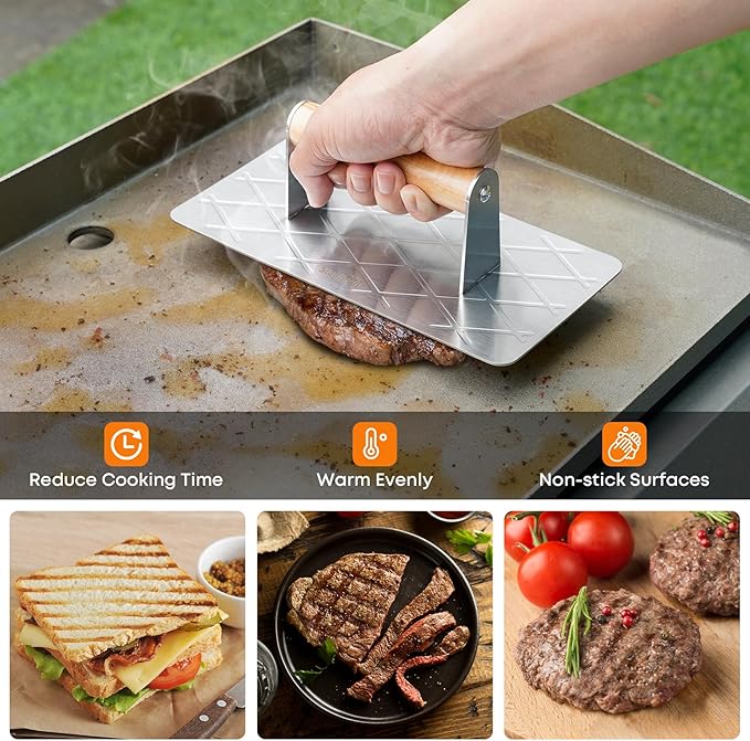 Stanbroil Stainless Steel Bacon Press for Griddle, 9” x 4.5”Rectangular Grill Press BBQ Professional Griddle Accessories, Non-Stick Burger Smasher for Flat Top Cooking