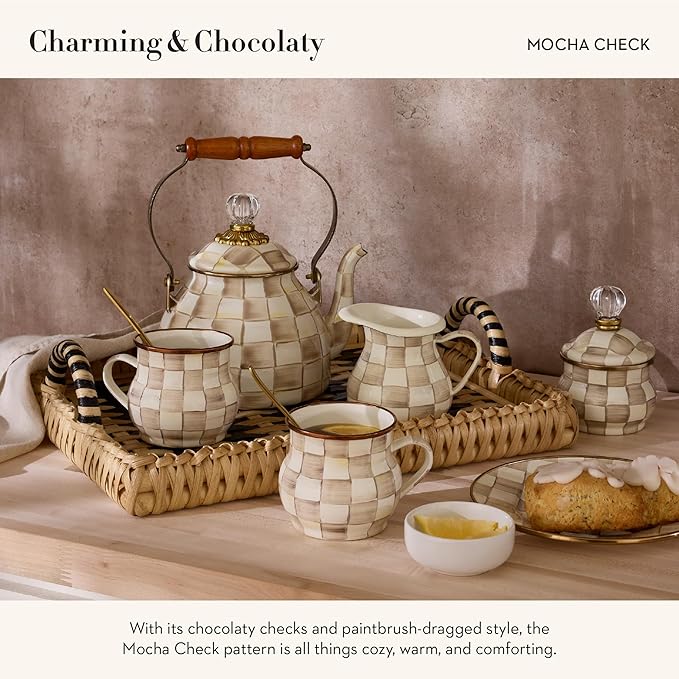MACKENZIE-CHILDS Enamel Salt and Pepper Shakers, Kitchen Table Spice Shaker Set, Brown-and-White Mocha Check, Large