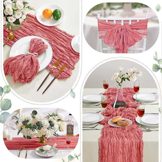 12 Pack Rose Valentine's Day Cheesecloth Table Runner 10FT Long Boho Gauze Table Runner Rustic Sheer Runner for Wedding Bridal Baby Shower Birthday Party Table Decor Home Easter Decorations