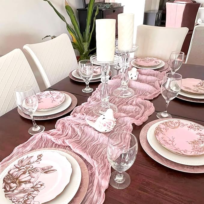 10 Pack Light Pink Cheesecloth Table Runner 10FT Boho Gauze Fabric Table Runner Vintage Rustic Sheer Runners for Wedding Party Bridal Baby Shower Long Table Decorations