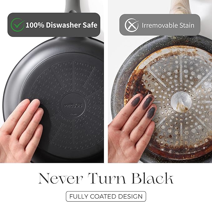 PRICUSIS Nonstick Frying Pan, 8/10/12 Inch Skillet with Stay Cool Handle, Fully Coated, Induction Compatible & Oven Safe, 100% Dishwasher Safe, PTFE & PFOA Free（8 Inch, Black Sesame）