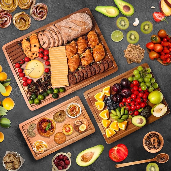 Wood Cutting Boards Set of 3 for Kitchen, Large Wooden Cutting Board with Juice Groove, Charcuterie Board, Chopping Board for Meat, Cheese, Fruits, and Vegetables