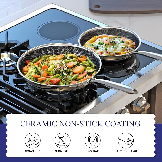 Bielmeier 8, 10, 12 Inch Nonstick Frying Pan，3-Piece Set Stainless Steel Flat Bottom Frying Pan for Gas, Electric & Induction Cooktops, Dishwasher Safe
