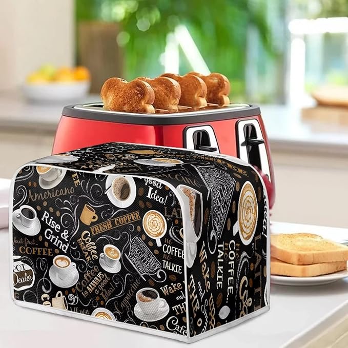 Annejudy Coffee Theme Print 4 Slice Toaster Cover Kitchen Small Appliance Covers Universal Size Microwave Oven Dustproof Cover Women