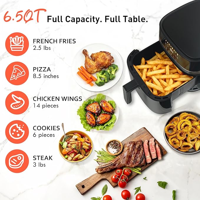 KINSING Air Fryer 6.5 QT,8 in 1 with Visible Window,LED display, 400℉ Precise Temperature Control, Shake Reminder&Pre-heat indicator,Metal inner cavity,Nonstick & Dishwasher Safe Basket