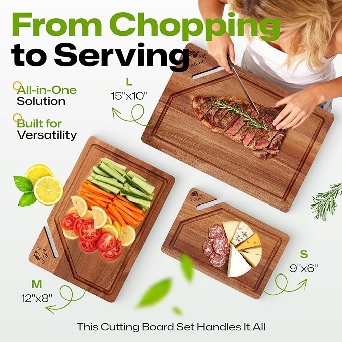 AIUHI Premium Wooden Cutting Boards for Kitchen, 3-Piece Acacia Wooden Chopping Board with Juice Groove, Organic Wood Cutting Board Set for Ideal Charcuterie, Meat & Vegetables