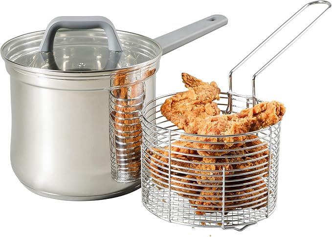 Oster Beauford 3.65-Quart Stainless Steel Deep Fryer Pot with Basket & Glass Lid – Induction, Oven & Dishwasher Safe, 5-Ply Encapsulated Base, Soft-Touch Handle