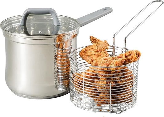 Oster Beauford 3.65-Quart Stainless Steel Deep Fryer Pot with Basket & Glass Lid – Induction, Oven & Dishwasher Safe, 5-Ply Encapsulated Base, Soft-Touch Handle