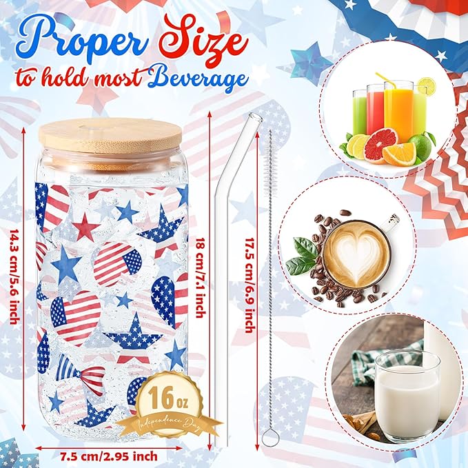 Sliner 2 Pcs Veterans Day Glass Cups 4th of July Tumbler Gifts Patriotic American Flag Star Iced Coffee Cup with Lid Straw Cleaning Brush 16 oz Red White Blue Drinking Glasses for Women