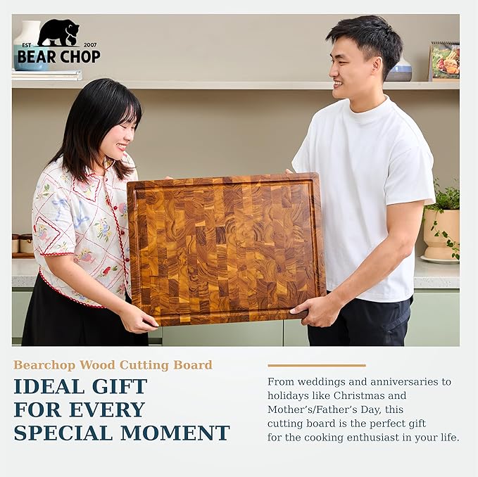 Bearchop Acacia Wood Cutting Board for Kitchen, Butcher Block with 4-Side Reinforced Bar for Anti Crack/Warp, [24"x18"x1.25"] Extra Large End Grain Cutting Boards with Gift Box, Juice Groove, Handle