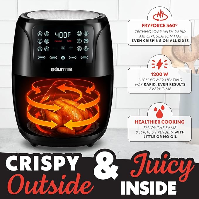 Gourmia Air Fryer Oven Digital Display 4 Quart Large AirFryer Cooker 12 1-Touch Cooking Presets, Black and Stainless Steel Accents Fry Force GAF486