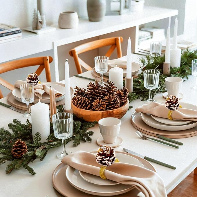 Christmas Napkin Rings Set of 8, Snow Pinecone Rings with Gold Rabbin Buckle Rustic Napkin Rings for Christmas Thanksgiving Holiday Table Dinner Celebration