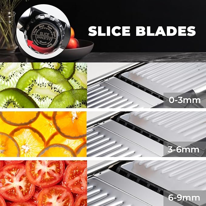 Adjustable Mandoline Slicer for Kitchen - Stainless Steel Vegetable Slicer Julienne Cutter with Ultra Sharp Blades 5-in-1 Vegetable Shredder for Onion, Potato Chip, French Fry