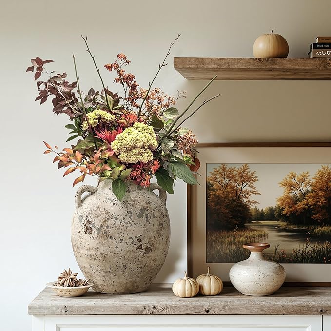 LuxenHome Rustic Antiqued Ceramic Vase, 12'' Tall Round Bouquet Terracotta Vase, Farmhouse Vase for Shelf Dining Table Decor, Vintage Boho Pottery for Living Room Decor, Home Décor Accents